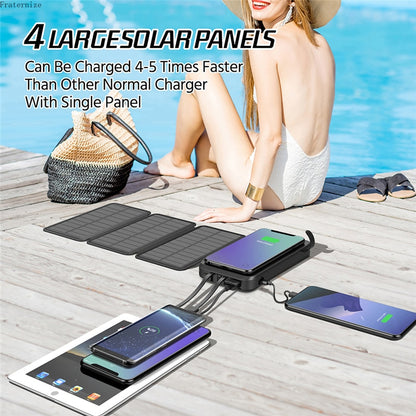 Banco de energía Solar 20000mAh 10W cargador inalámbrico para iPhone Samsung Huawei Xiaomi PD20W Cables rápidos Powerbank panel de carga solar