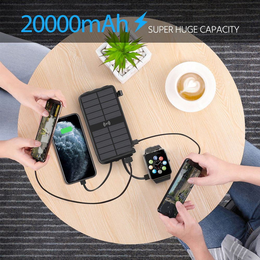 Banco de energía Solar 20000mAh 10W cargador inalámbrico para iPhone Samsung Huawei Xiaomi PD20W Cables rápidos Powerbank panel de carga solar